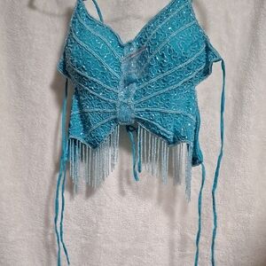 Blue Beaded Butterfly Crop Top
